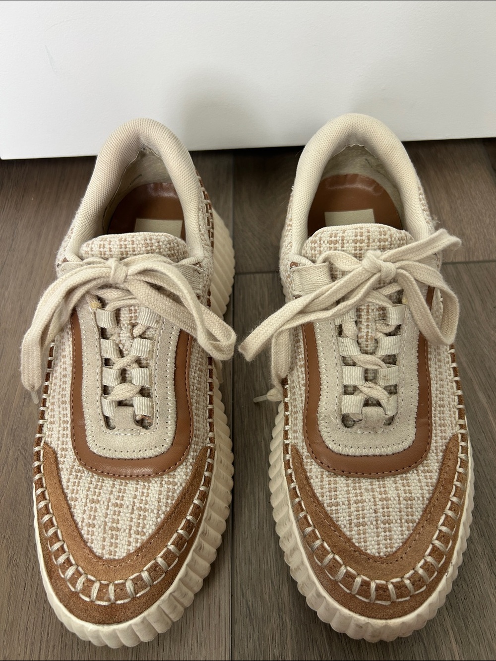 Dolce Vita Women's Cream and Brown Tweed Lace-Up Sneakers Size 7
